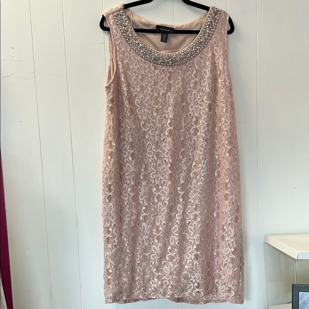 R & M Richards Pink Lace Midi Dress with Beaded Neckline